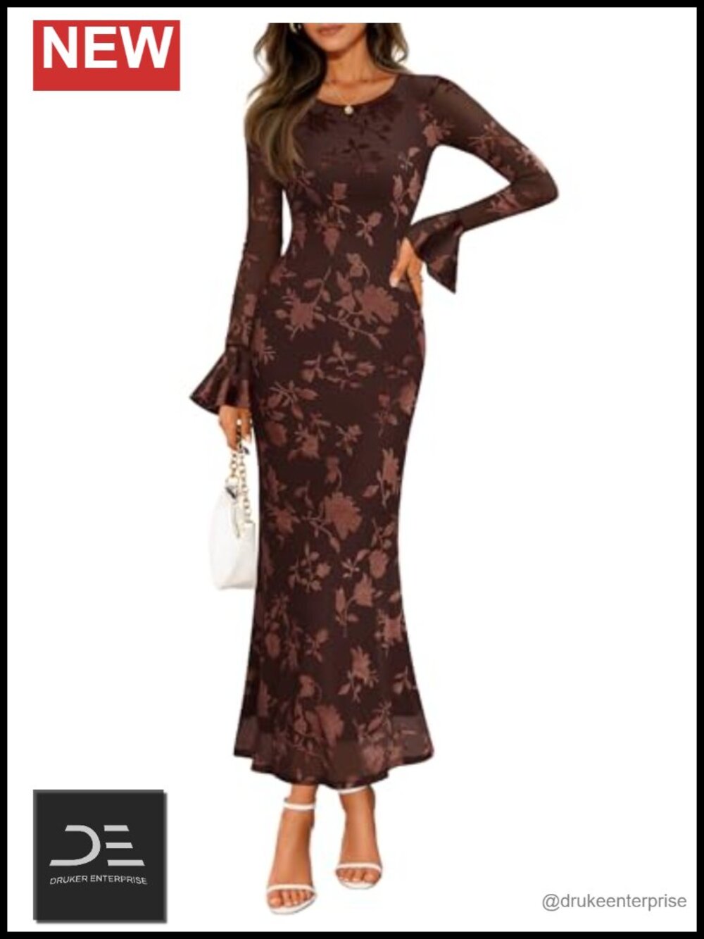 Bell Sleeve Bodycon Maxi Dress Flocked Floral Wedding Guest Party